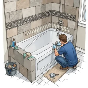 Illustration of the tiling and finishing touches being applied around a newly installed bathtub, completing a shower to bathtub conversion project.