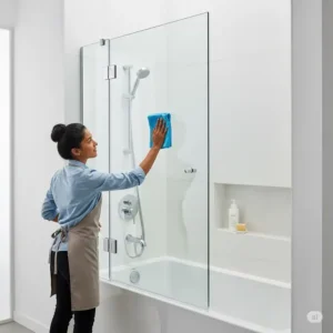 Image demonstrating the effortless cleaning process for trackless shower doors for bathtubs due to the absence of grooves and tracks.