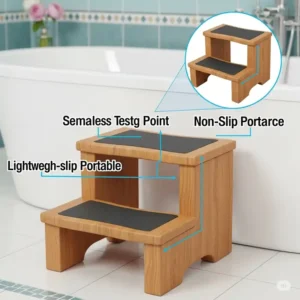 Illustration of a two-step bathtub stool providing a comfortable and secure transition into the tub.