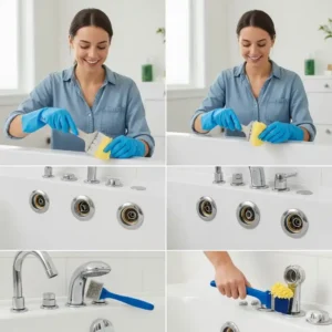 User demonstrating the process of cleaning and maintaining bathtub jets to ensure optimal performance and hygiene.