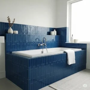 Unique bathroom design featuring vertically laid rectangular tiles on a bathtub surround, demonstrating creative bathtub tile surround ideas for visual height.