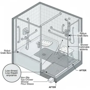 Illustration highlighting accessibility features like grab bars and a non-slip surface, added during a shower to bathtub conversion for enhanced safety and convenience.