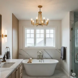 Expert bathroom lighting design showcasing a beautifully positioned chandelier over bathtub, providing both ambient light and a decorative element.