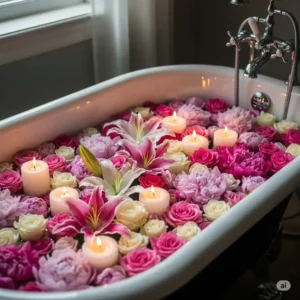 An elegant bathtub filled with a lavish arrangement of fresh flowers and floating candles, transforming it into a beautiful display of bathtub art for relaxation.