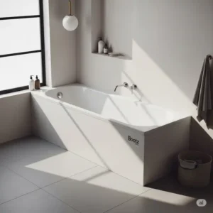 Conceptual illustration of a Bootz bathtub integrated into a minimalist bathroom design, emphasizing its clean lines and versatility.