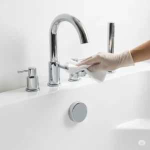 A hand cleaning the chrome faucet and fixtures surrounding an acrylic bathtub, illustrating the importance of cleaning all components for a complete refresh, part of how to clean acrylic bathtub.