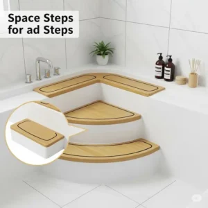 Illustration of space-saving corner bathtub steps, ideal for smaller bathrooms.