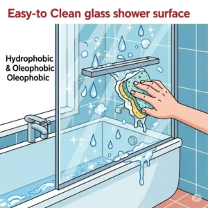 Illustration demonstrating the easy-to-clean features of a treated bathtub glass shower door surface.