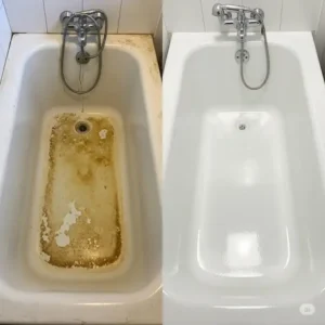 Side-by-side comparison of a worn, stained bathtub before and its transformation after being refinished with epoxy paint for bathtub.