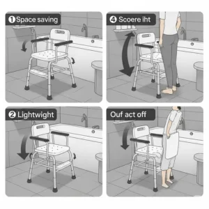 Illustration of a compact, foldable bathtub transfer chair, demonstrating its space-saving design for easy storage.