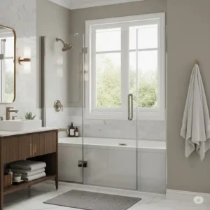 Stylish frameless pivot bathtub door, offering a sophisticated and functional design for various bathroom layouts. 