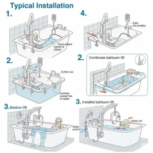 Step-by-step installation diagram for a typical bathtub lift, showing how it securely fits into standard bathtubs for senior safety.