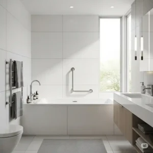 Modern bathroom interior featuring a subtly integrated bathtub safety rail that complements the decor, providing discreet support and accessibility.