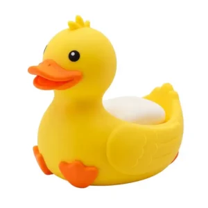 Fun, colorful silicone animal-shaped bathtub soap holder designed to make bath time enjoyable for children, holding a small bar of soap.