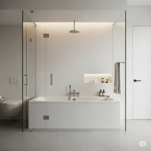 Minimalist bathroom concept featuring a clean-lined bathtub inside walk in shower for a spacious feel.
