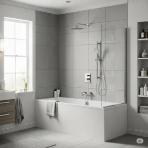 "Sleek and modern bathroom design featuring a focal point shower, created with a high-quality bathtub shower conversion kit for a contemporary look."