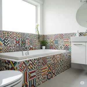 Vibrant bathroom with a patterned geometric tile bathtub surround, offering bold and artistic bathtub tile surround ideas for a statement look.