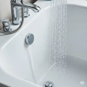 A stream of clean water rinsing away cleaning residues from a now stain-free bathtub, showing the final step after successfully getting how to get hair dye stains out of the bathtub.