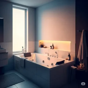 Sleek, contemporary bathroom featuring a built-in bathtub with integrated hydro jets, enhancing the space's luxury.