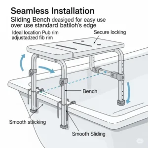 Diagram showing how a sliding transfer bench for bathtub easily fits over the edge of a standard bathtub for quick installation.