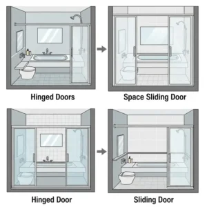  Illustration demonstrating the significant space-saving benefits of sliding bathtub doors in a compact bathroom layout.