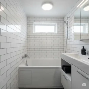 Space-saving design in a small bathroom featuring a compact bathtub with bright subway tiles.