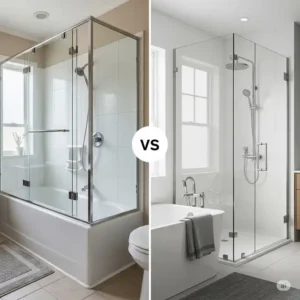 Beautiful bathroom interior design showcasing how trackless shower doors for bathtubs seamlessly integrate with a bathtub, creating an open and airy space.