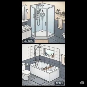 An illustration demonstrating how convert shower to bathtub can optimize bathroom space, potentially adding value and enhancing usability in smaller or uniquely shaped bathrooms.