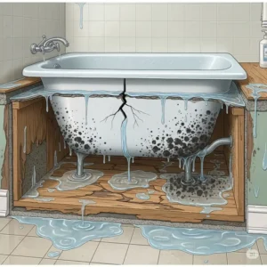 Illustration showing potential water damage or mold growth beneath a bathtub due to an unaddressed crack.