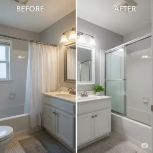 Before and after view of a bathroom remodel featuring new bathtub doors for an updated look.