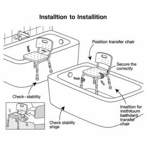 Simple diagram illustrating the steps to properly install a bathtub transfer chair on the edge of a standard bathtub.