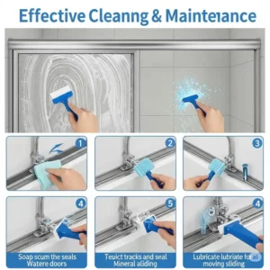 Visual guide for effective cleaning and maintenance of sliding bathtub doors to keep them sparkling and functional.