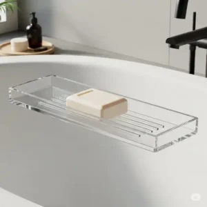 A transparent, minimalist clear acrylic bathtub soap holder, showcasing its sleek design that blends seamlessly into any modern bathroom decor while keeping soap elevated.