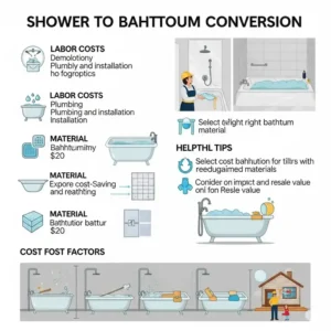 Infographic outlining various cost factors and considerations involved in a shower to bathtub conversion, helping homeowners plan their budget.