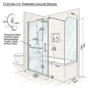 Sketch of a custom-designed bathtub glass shower door, tailored to unique bathroom layouts.