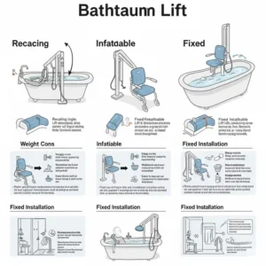 Infographic illustrating various types of bathtub lifts available for seniors, including reclining, inflatable, and fixed models, to help compare options.