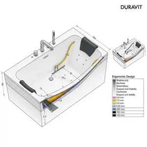 "Diagram highlighting the ergonomic design and comfortable backrest of a duravit bathtubs, promoting ultimate bathing comfort."