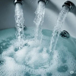 Dynamic shot of water vigorously flowing from bathtub jets, illustrating their power and ability to create effervescent bubbles.