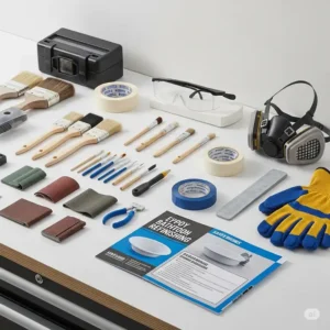 Various tools laid out, including brushes, sandpaper, masking tape, and safety gear, necessary for applying epoxy paint for bathtub.