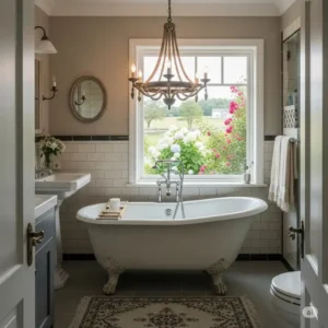 Charming farmhouse-style bathroom featuring a rustic-inspired chandelier over bathtub, combining comfort with country elegance.