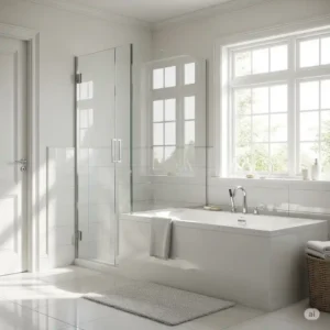 Bright bathroom featuring a crystal-clear frameless bathtub door, maximizing natural light and enhancing the spacious ambiance. frameless bathtub doors