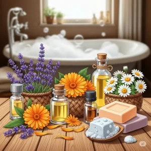 Detailed illustration showcasing key natural ingredients used in crafting handmade bathtub soap, such as essential oils and herbs.