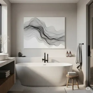 A minimalist bathroom featuring a sleek bathtub with a carefully curated art installation displayed on the adjacent wall, complementing the modern aesthetic and emphasizing bathtub art in context.