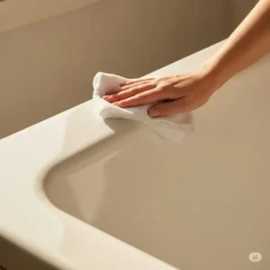 A final step of buffing the dry acrylic bathtub with a clean, dry cloth to achieve a brilliant shine, showcasing the final result of knowing how to clean acrylic bathtub.