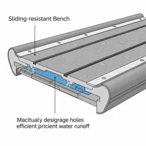 Illustration of the durable, water-resistant material and drainage holes on a sliding transfer bench for bathtub for efficient water runoff.