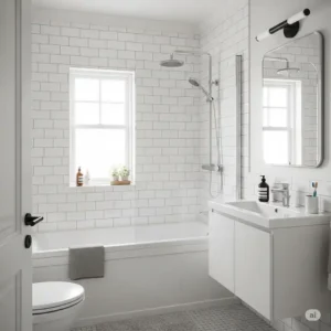 "Small bathroom appearing more spacious and functional after installing a compact bathtub shower conversion kit, ideal for maximizing limited areas." 