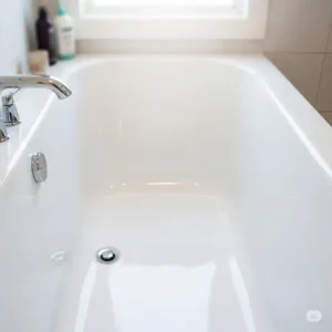 A sparkling, pristine white bathtub, completely free of any hair dye stains, showcasing the successful outcome of applying various methods to how to get hair dye stains out of the bathtub.