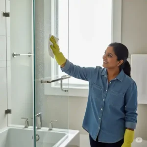 A person easily stepping into a bathtub, emphasizing the improved accessibility and safety offered by trackless shower doors for bathtubs.