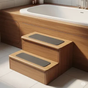 Illustration of elegant wooden bathtub steps, combining safety with bathroom aesthetics.