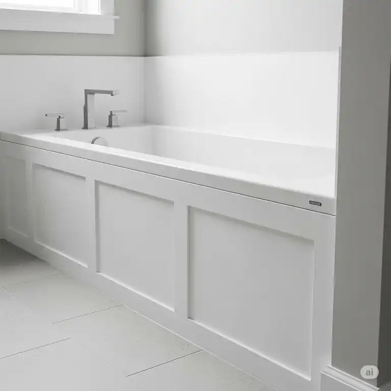 "Modern white 3 piece bathtub surround being installed in a bathroom, showing seamless panels and a clean finish."